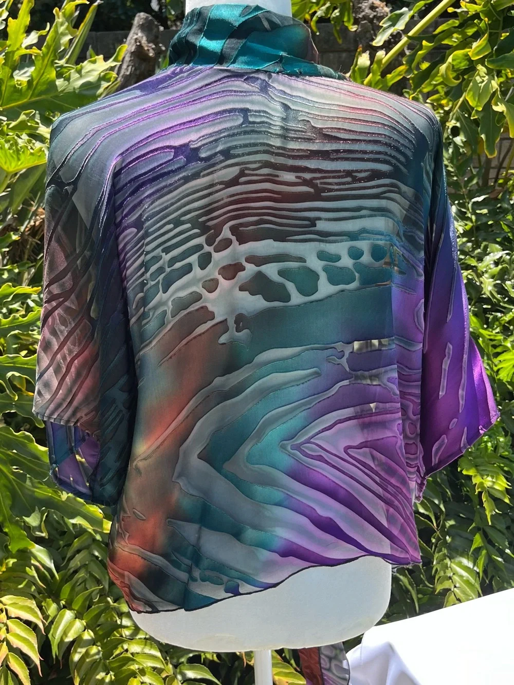 100% Silk Abstract Print Sheer Kimono Cardigan in Purple & Teal one size